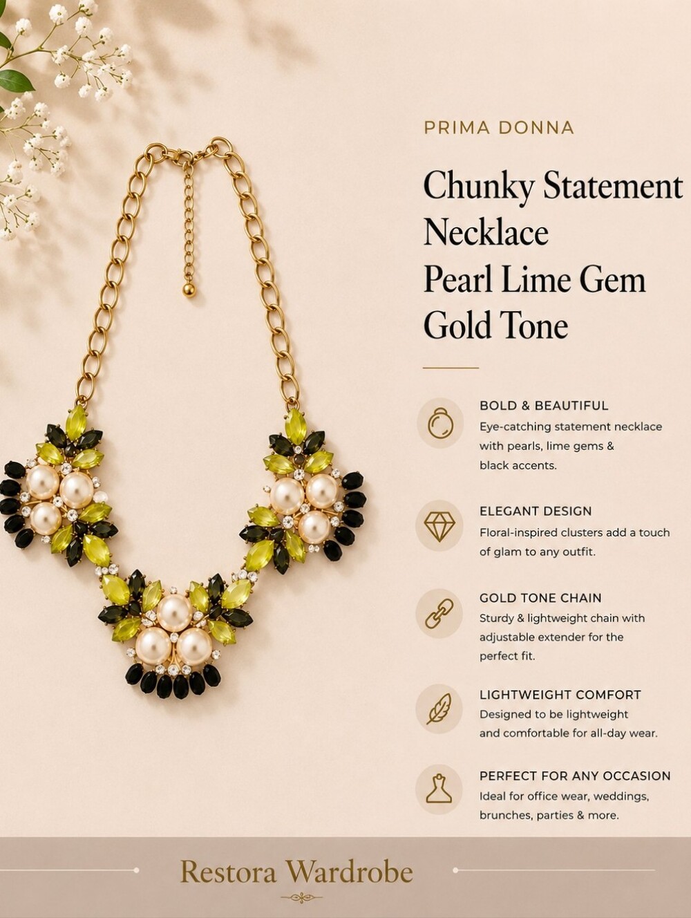 Prima Donna Pearl Statement Necklace Lime Green Gold Tone NWT